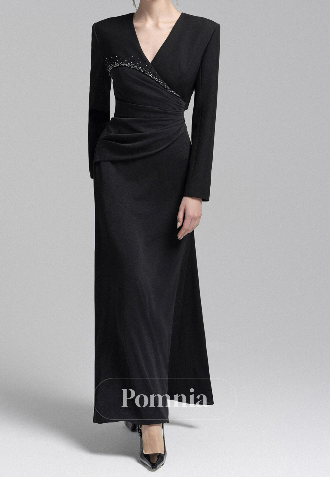 Elegant Long Sleeves V-Neck Ruched Satin Evening Dress