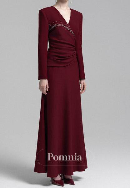Elegant Long Sleeves V-Neck Ruched Satin Evening Dress
