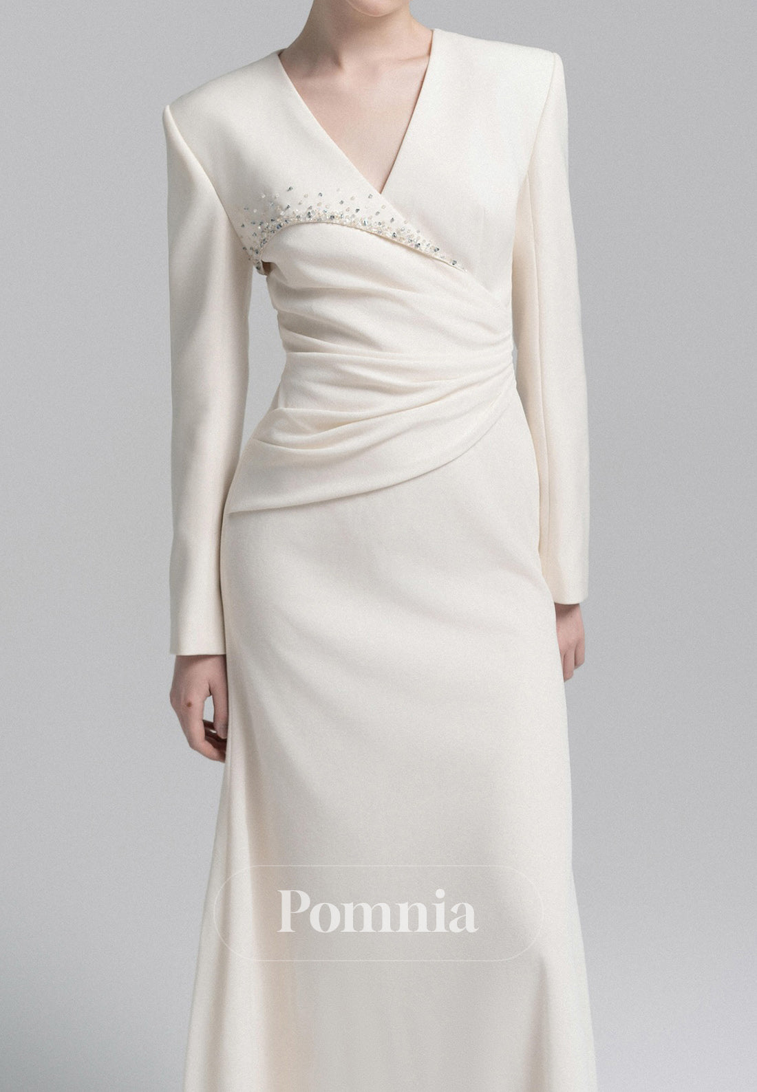 Elegant Long Sleeves V-Neck Ruched Satin Evening Dress