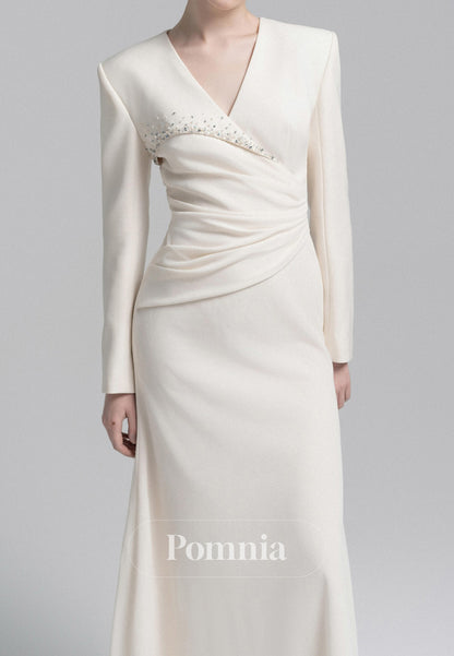 Elegant Long Sleeves V-Neck Ruched Satin Evening Dress