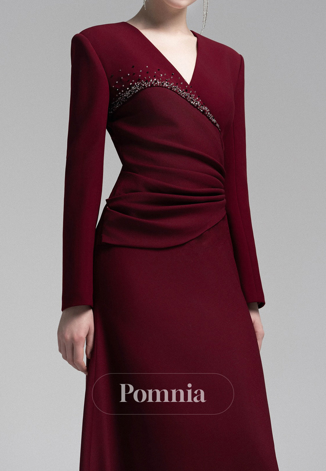 Elegant Long Sleeves V-Neck Ruched Satin Evening Dress