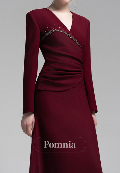 Elegant Long Sleeves V-Neck Ruched Satin Evening Dress