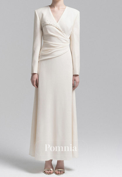 Elegant Long Sleeves V-Neck Ruched Satin Evening Dress