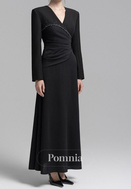 Elegant Long Sleeves V-Neck Ruched Satin Evening Dress