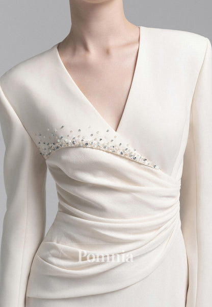 Elegant Long Sleeves V-Neck Ruched Satin Evening Dress