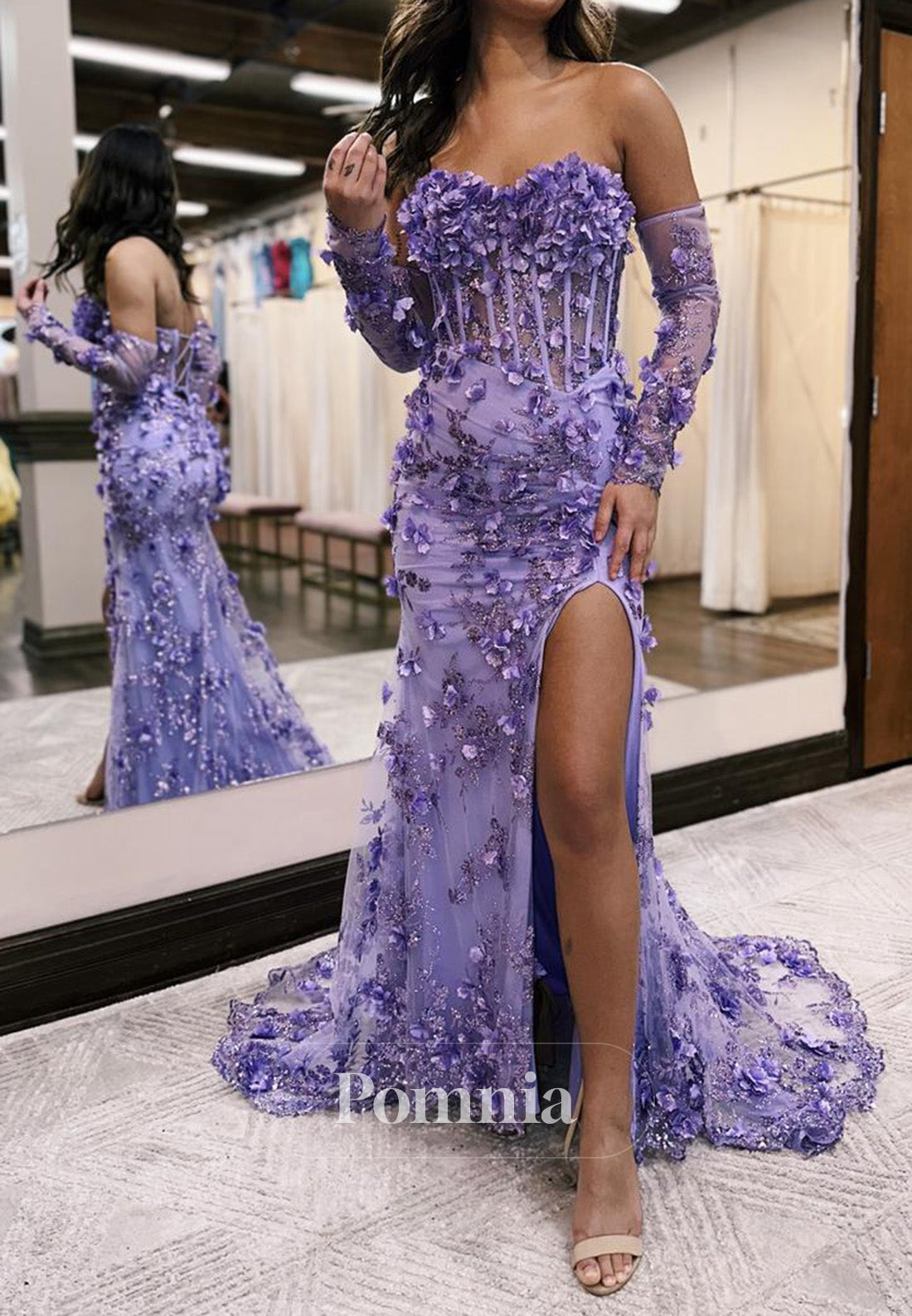 Tahiti Sleeveless Strapless Slit Appliques Prom Dress