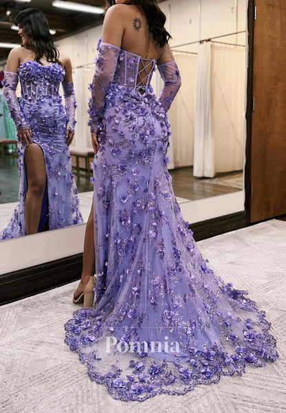 Tahiti Sleeveless Strapless Slit Appliques Prom Dress