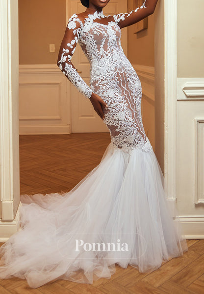 Long Sleeves Scoop Floral Appliques Mermaid Wedding Dress