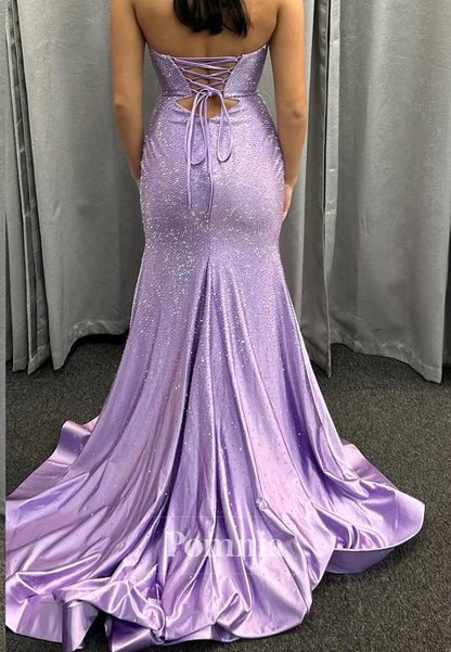 Strapless Sleeveless Prom Dress with Slit Sequins Evening Party Dress