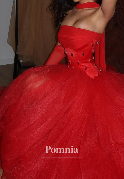 Red A-Line Sleeveless Strapless Lace Empire-Waist Prom Dress