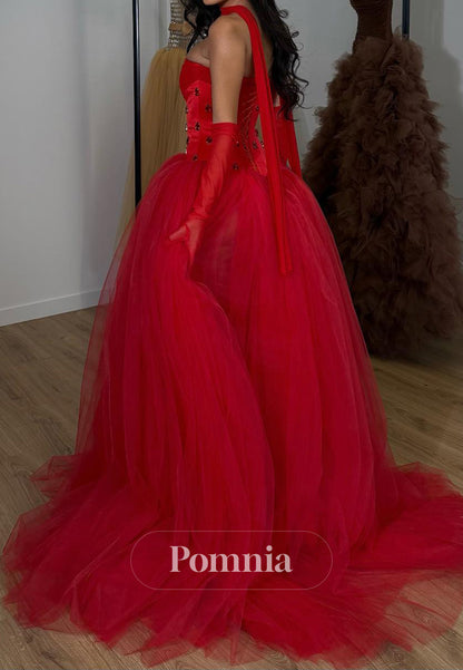 Red A-Line Sleeveless Strapless Lace Empire-Waist Prom Dress