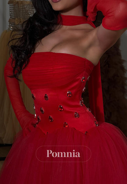 Red A-Line Sleeveless Strapless Lace Empire-Waist Prom Dress
