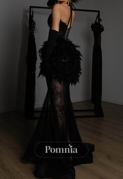 Black Halter Sleeveless Backless Feathers Prom Dress