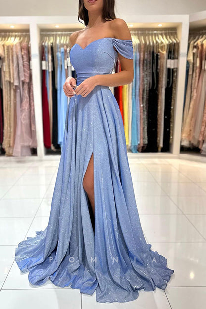 P1529 - A-Line Strapless Cap Sleeves Glitter Pleats Prom Evening Dress with Split