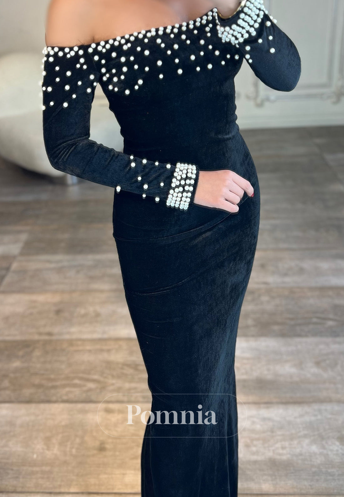 Velvet Pleats Off-Shoulder Long Sleeves Pearls Evening Dress