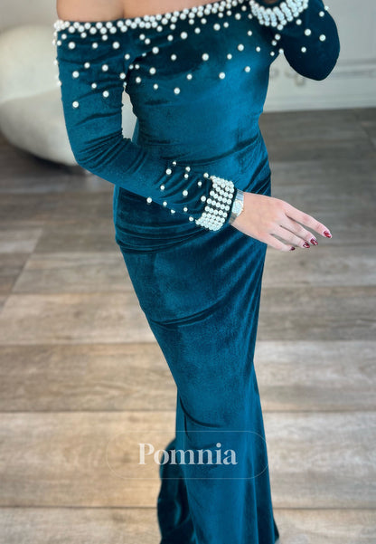 Velvet Pleats Off-Shoulder Long Sleeves Pearls Evening Dress