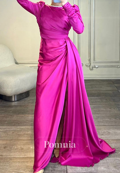 Elegant Long Sleeves Scoop Slit Ruched Evening Dress