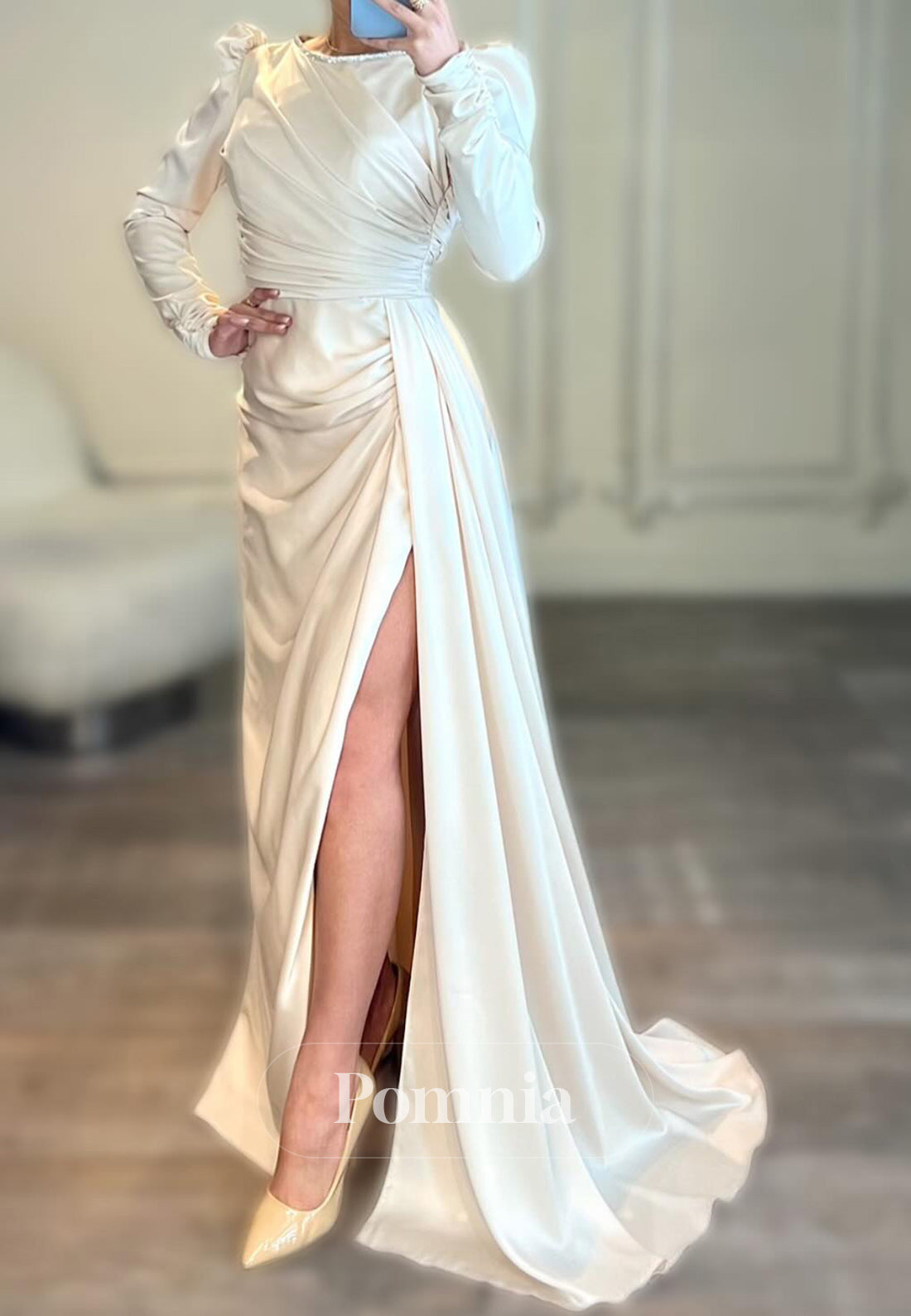 Elegant Long Sleeves Scoop Slit Ruched Evening Dress