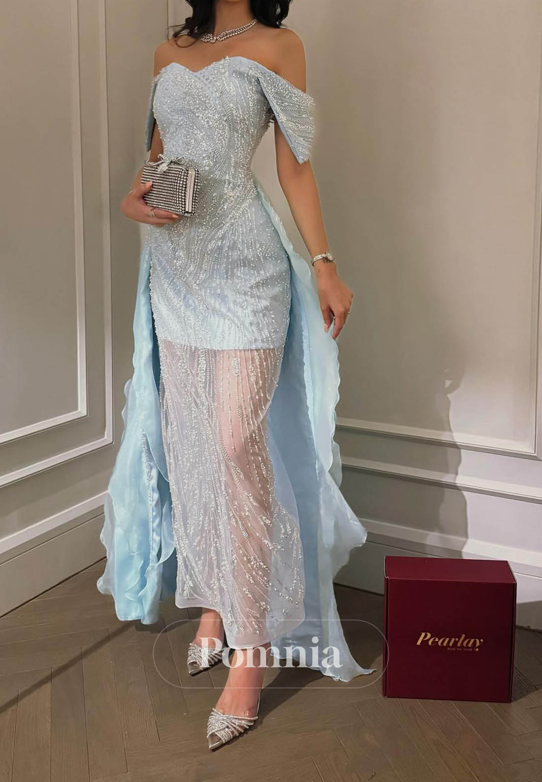 Sky Blue Sleeveless Strapless Sequins Prom Dress