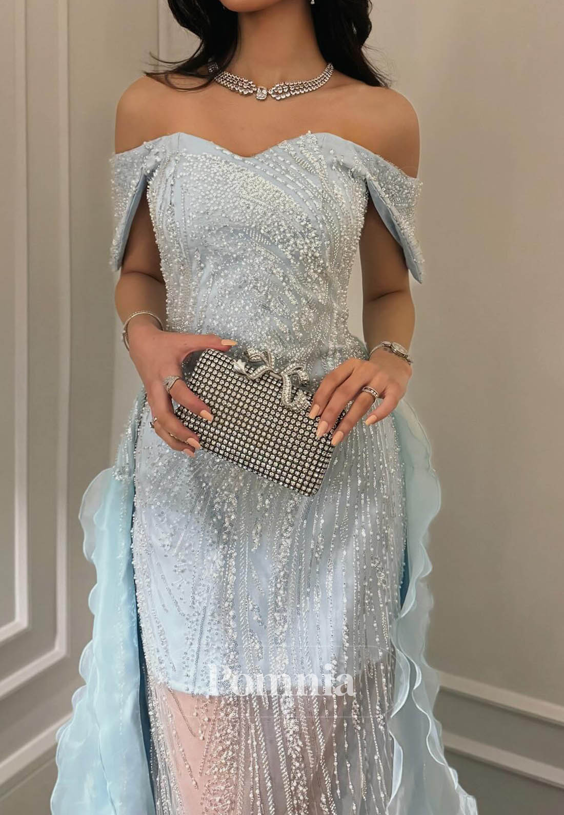 Sky Blue Sleeveless Strapless Sequins Prom Dress