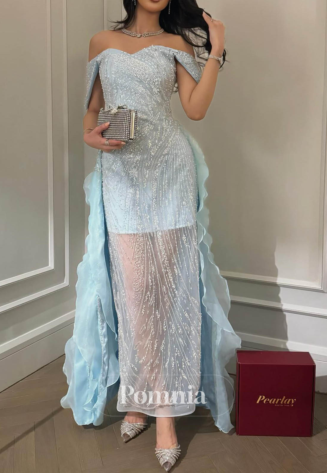 Sky Blue Sleeveless Strapless Sequins Prom Dress