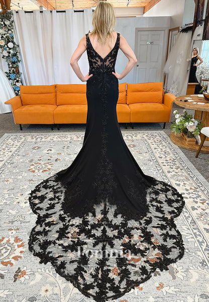 Black Spaghetti Straps V-Neck Corset Floral Appliques Wedding Dress