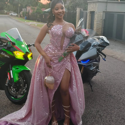 Blushing Pink Sleeveless Strapless Beads Slit Prom Dress