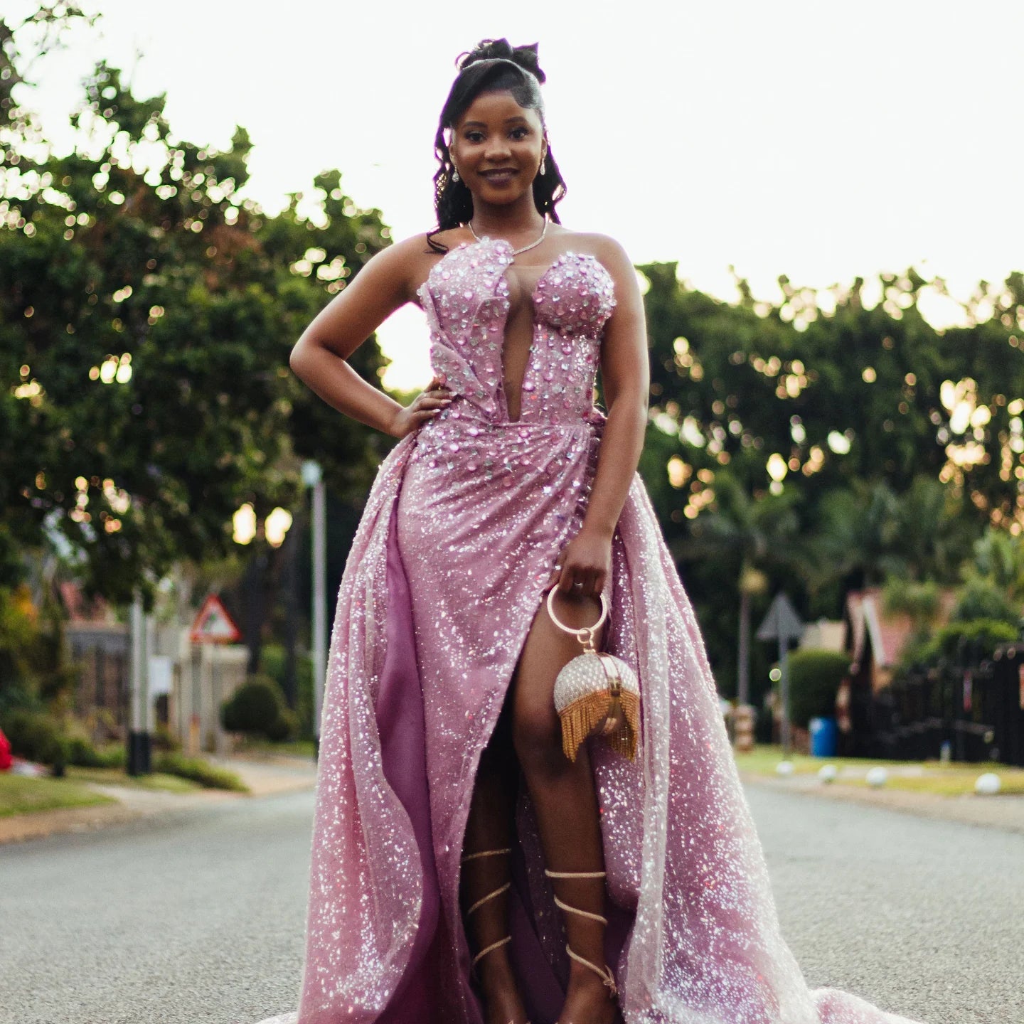 Blushing Pink Sleeveless Strapless Beads Slit Prom Dress