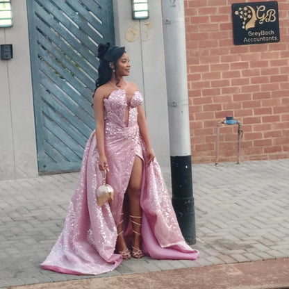 Blushing Pink Sleeveless Strapless Beads Slit Prom Dress