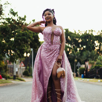 Blushing Pink Sleeveless Strapless Beads Slit Prom Dress