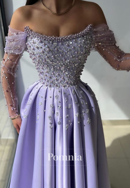 Lilac Long Sleeves Sweetheart Pearls Prom Dress