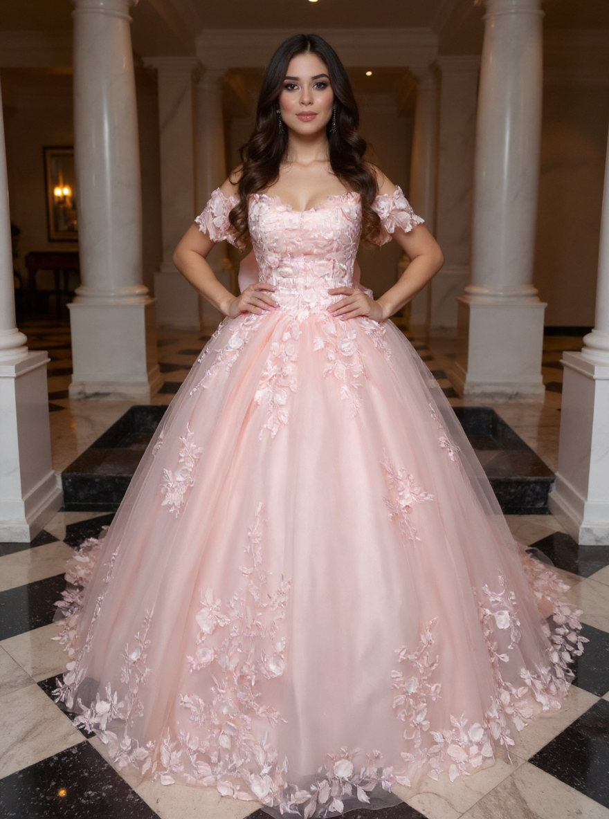Pink Long Off the Shoulder Tulle Applique Lace Ball Gown Prom Dresses with Bow