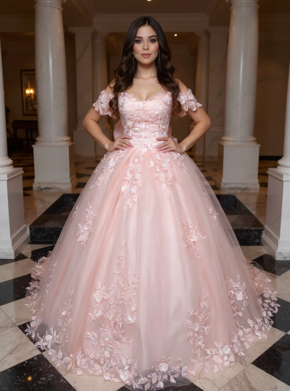 Pink Long Off the Shoulder Tulle Applique Lace Ball Gown Prom Dresses with Bow