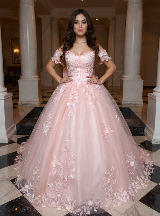 Pink Long Off the Shoulder Tulle Applique Lace Ball Gown Prom Dresses with Bow