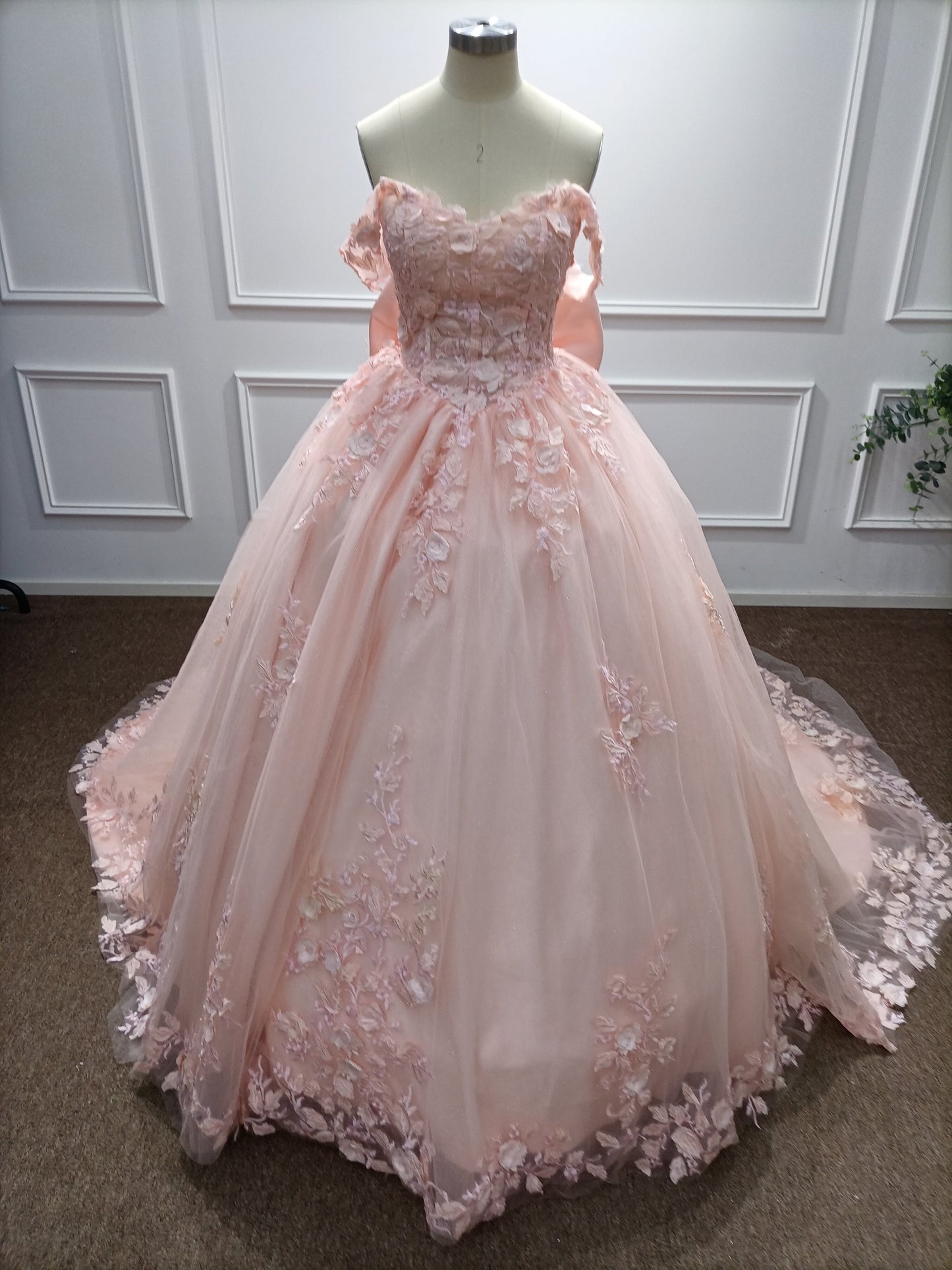 Pink Long Off the Shoulder Tulle Applique Lace Ball Gown Prom Dresses with Bow
