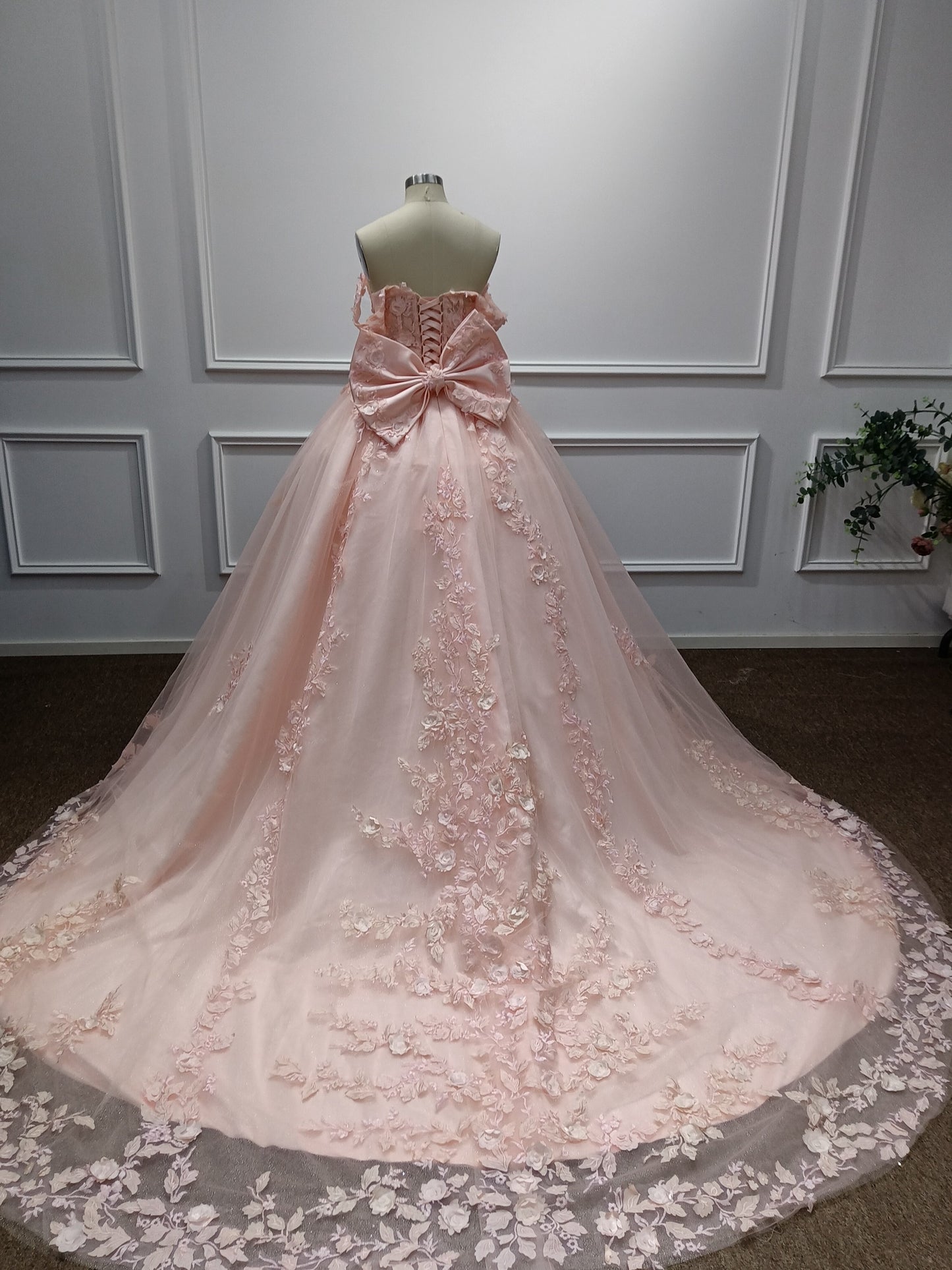 Pink Long Off the Shoulder Tulle Applique Lace Ball Gown Prom Dresses with Bow