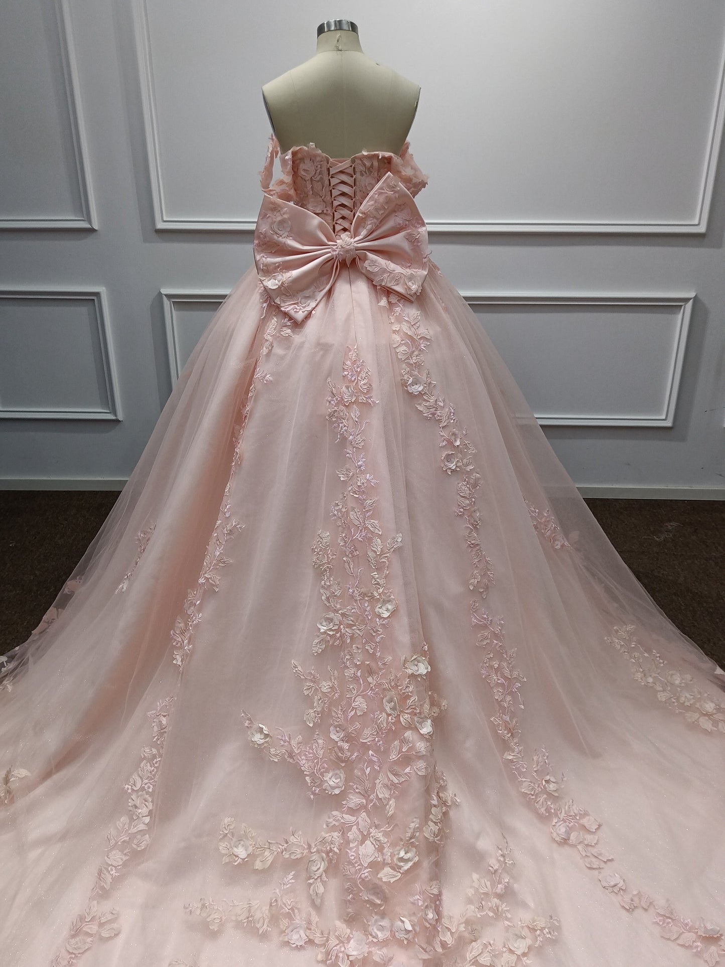 Pink Long Off the Shoulder Tulle Applique Lace Ball Gown Prom Dresses with Bow