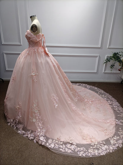 Pink Long Off the Shoulder Tulle Applique Lace Ball Gown Prom Dresses with Bow