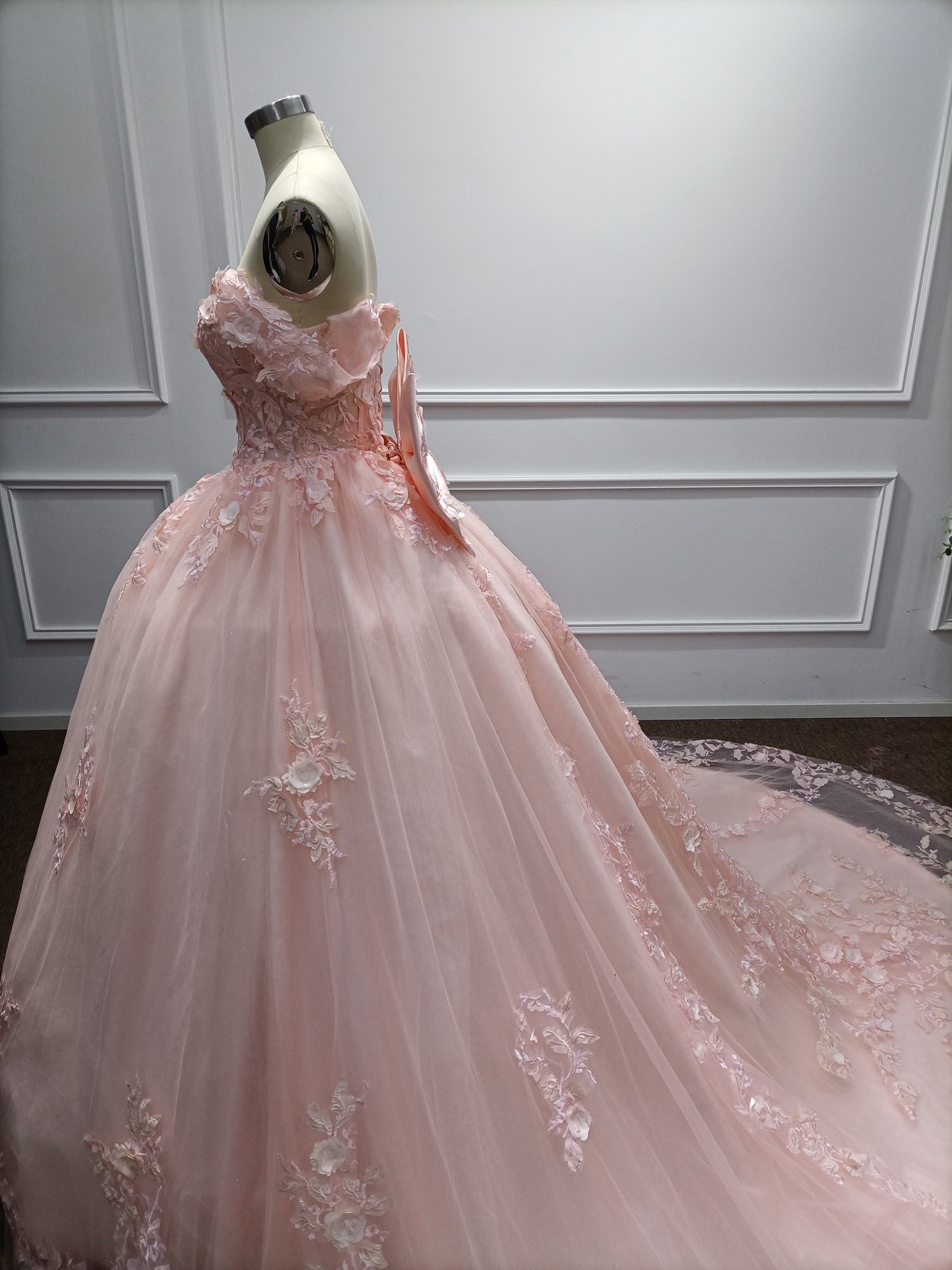 Pink Long Off the Shoulder Tulle Applique Lace Ball Gown Prom Dresses with Bow