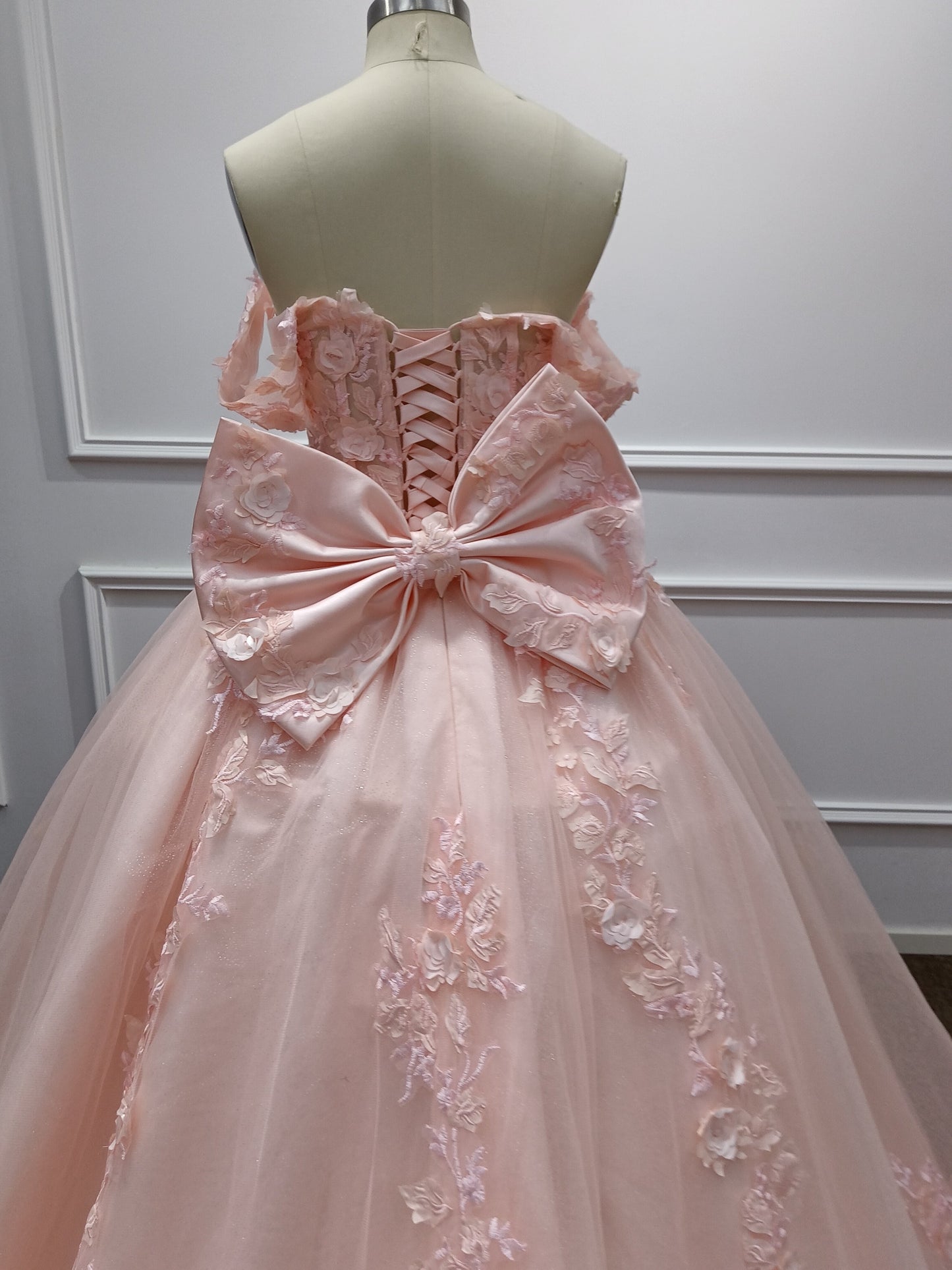 Pink Long Off the Shoulder Tulle Applique Lace Ball Gown Prom Dresses with Bow