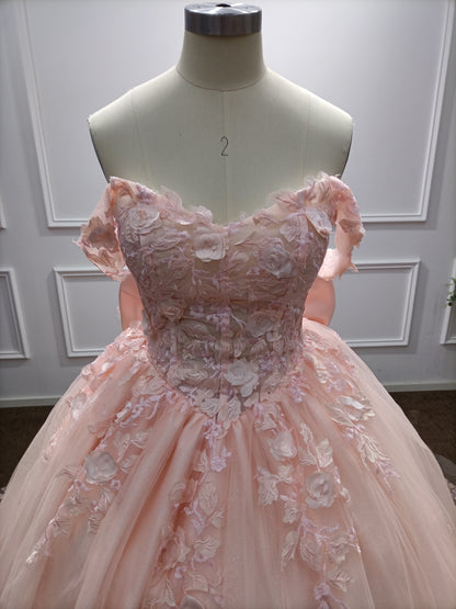 Pink Long Off the Shoulder Tulle Applique Lace Ball Gown Prom Dresses with Bow