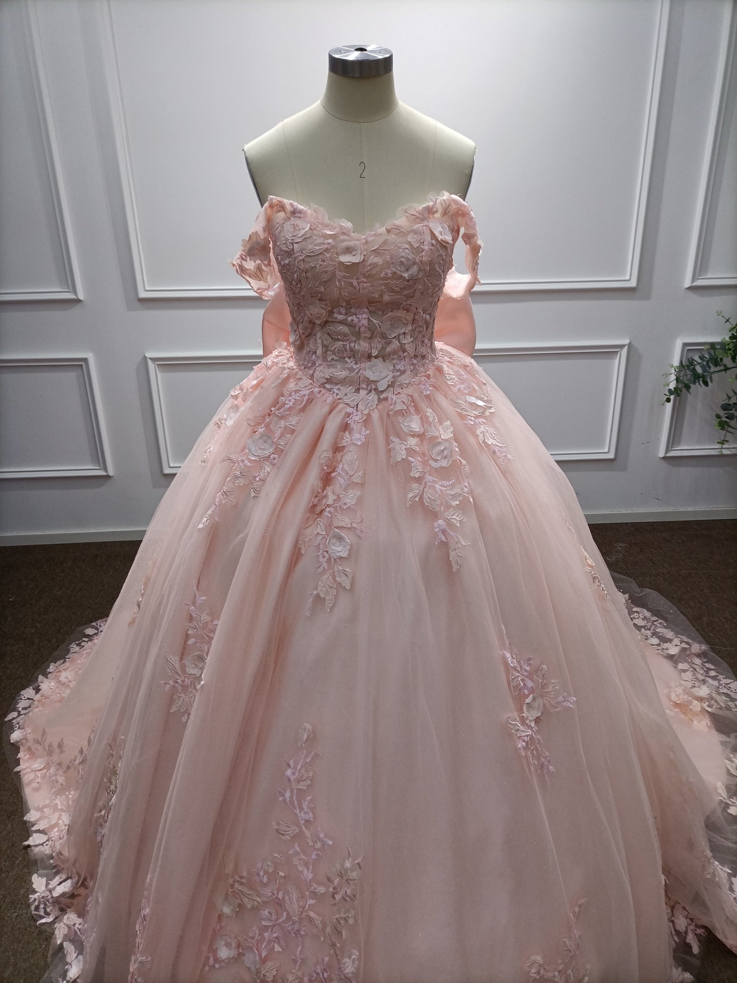 Pink Long Off the Shoulder Tulle Applique Lace Ball Gown Prom Dresses with Bow