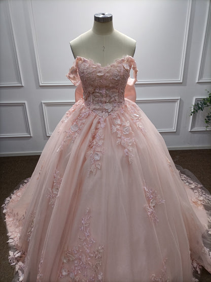 Pink Long Off the Shoulder Tulle Applique Lace Ball Gown Prom Dresses with Bow