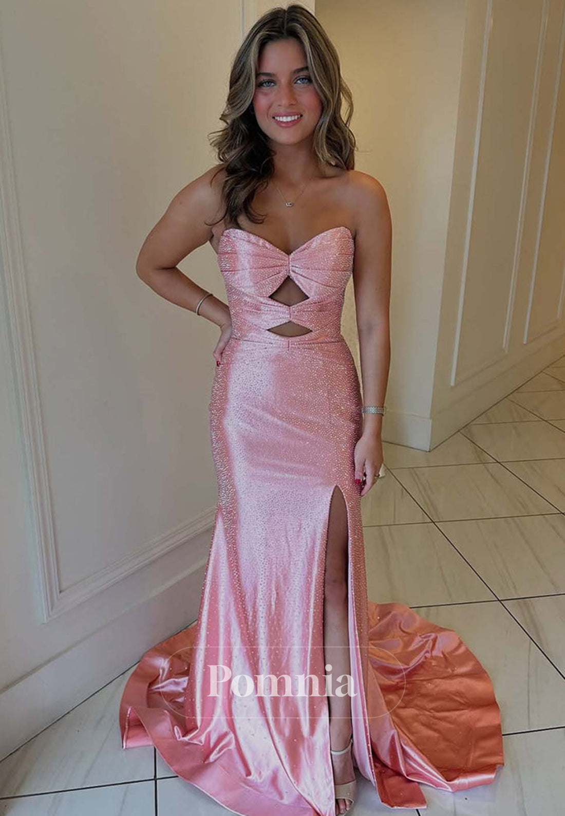 Strapless Sleeveless Prom Dress with Slit Sequins Evening Party Dress