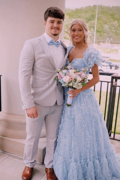 Puff Sleeves Pink 3D Floral A-line Long Prom Dress