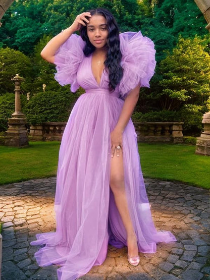 A-Line/Princess Tulle Ruffles V-neck Sleeveless Sweep/Brush Train Dresses