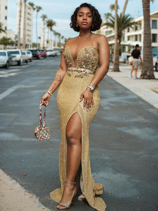 Sheath/Column Beading Halter Sleeveless Sweep/Brush Train Dresses