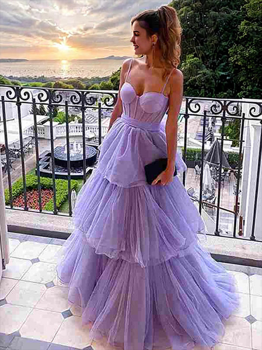 A-Line/Princess Tulle Layers Spaghetti Straps Sleeveless Floor-Length Dresses