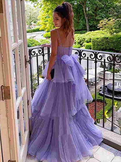 A-Line/Princess Tulle Layers Spaghetti Straps Sleeveless Floor-Length Dresses