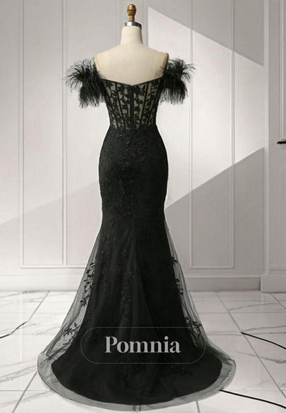 Sheath Column Tulle Feather Off-Shoulder Sleeveless Prom Dress